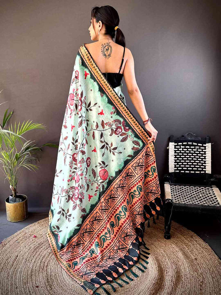 Mint Green Printed Linen Silk Saree with Tribal Border