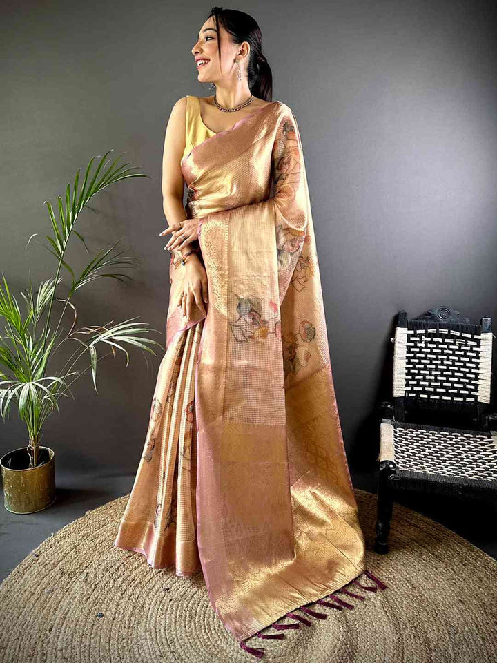 Golden Soft Silk Saree with Subtle Floral Print & Rich Zari Woven Pallu