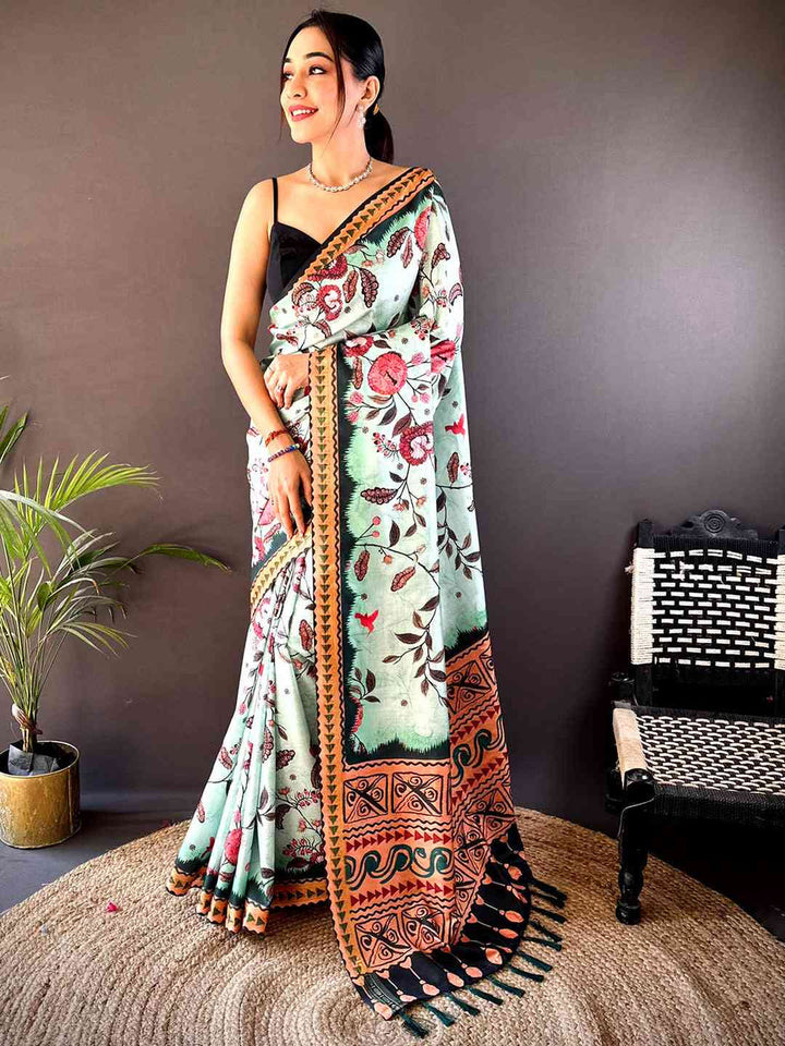 Mint Green Printed Linen Silk Saree with Tribal Border
