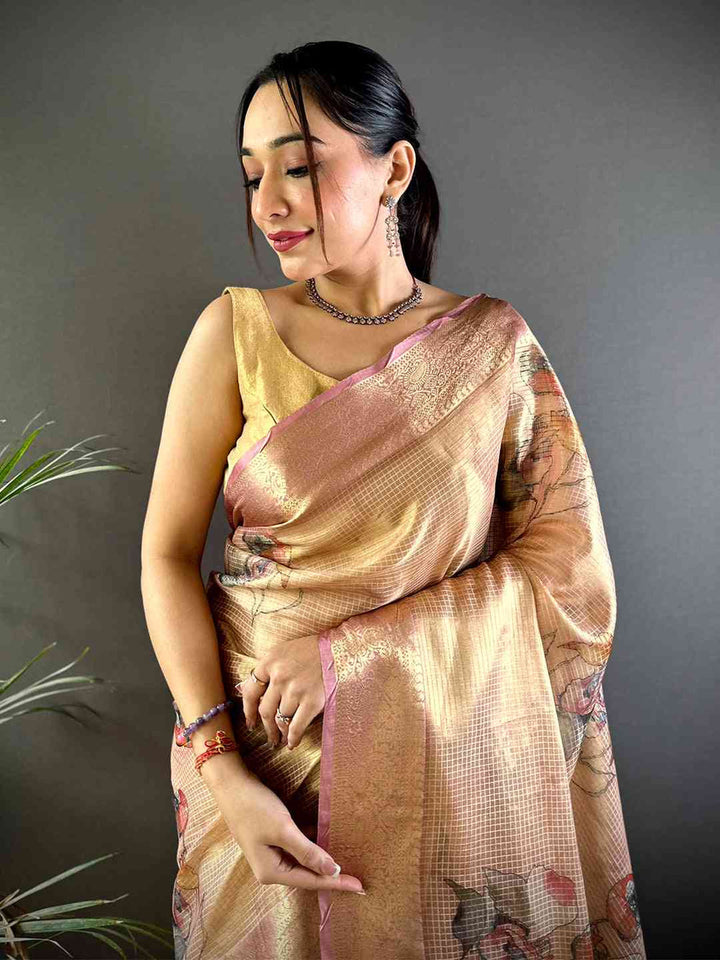 Golden Soft Silk Saree with Subtle Floral Print & Rich Zari Woven Pallu