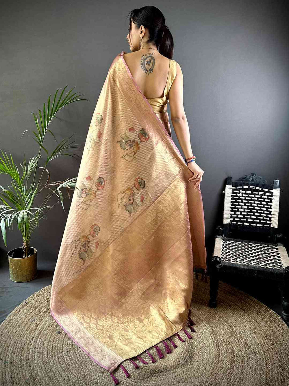 Golden Soft Silk Saree with Subtle Floral Print & Rich Zari Woven Pallu