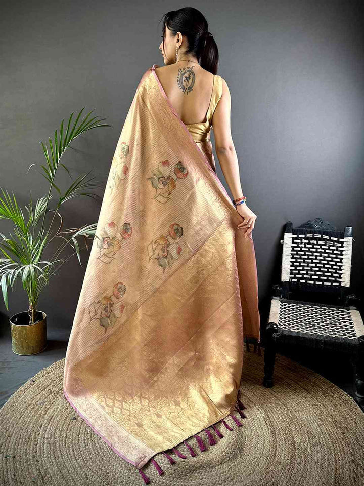 Golden Soft Silk Saree with Subtle Floral Print & Rich Zari Woven Pallu