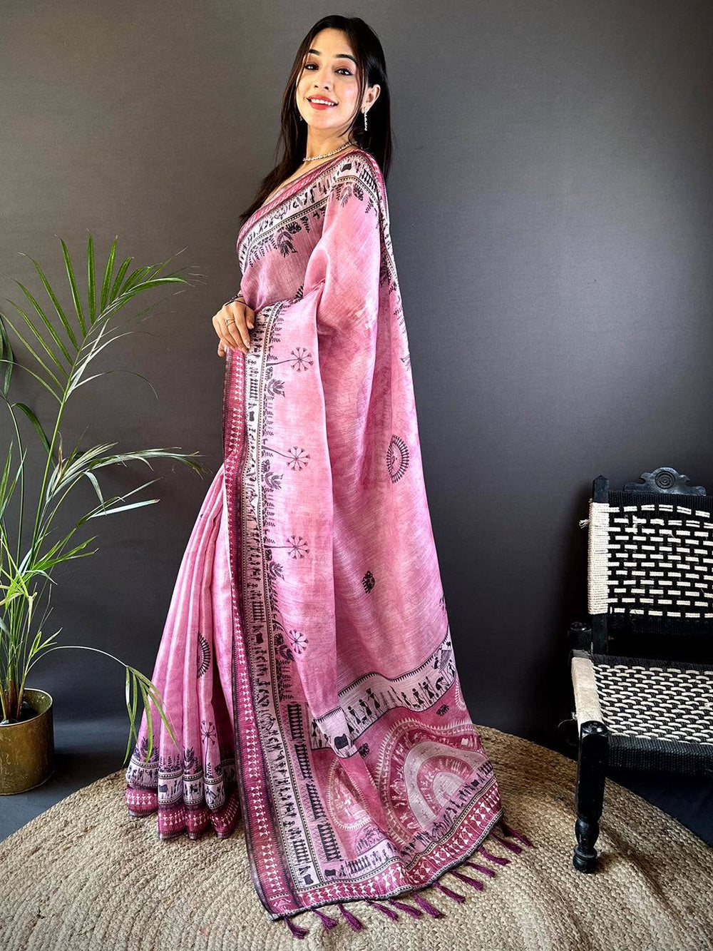 Pink Soft Silk Saree with Warli Tribal Print & Contrast Tassel Pallu