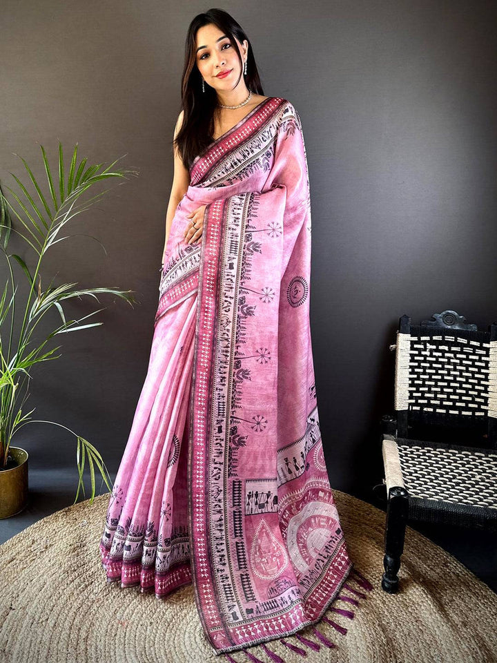 Pink Soft Silk Saree with Warli Tribal Print & Contrast Tassel Pallu