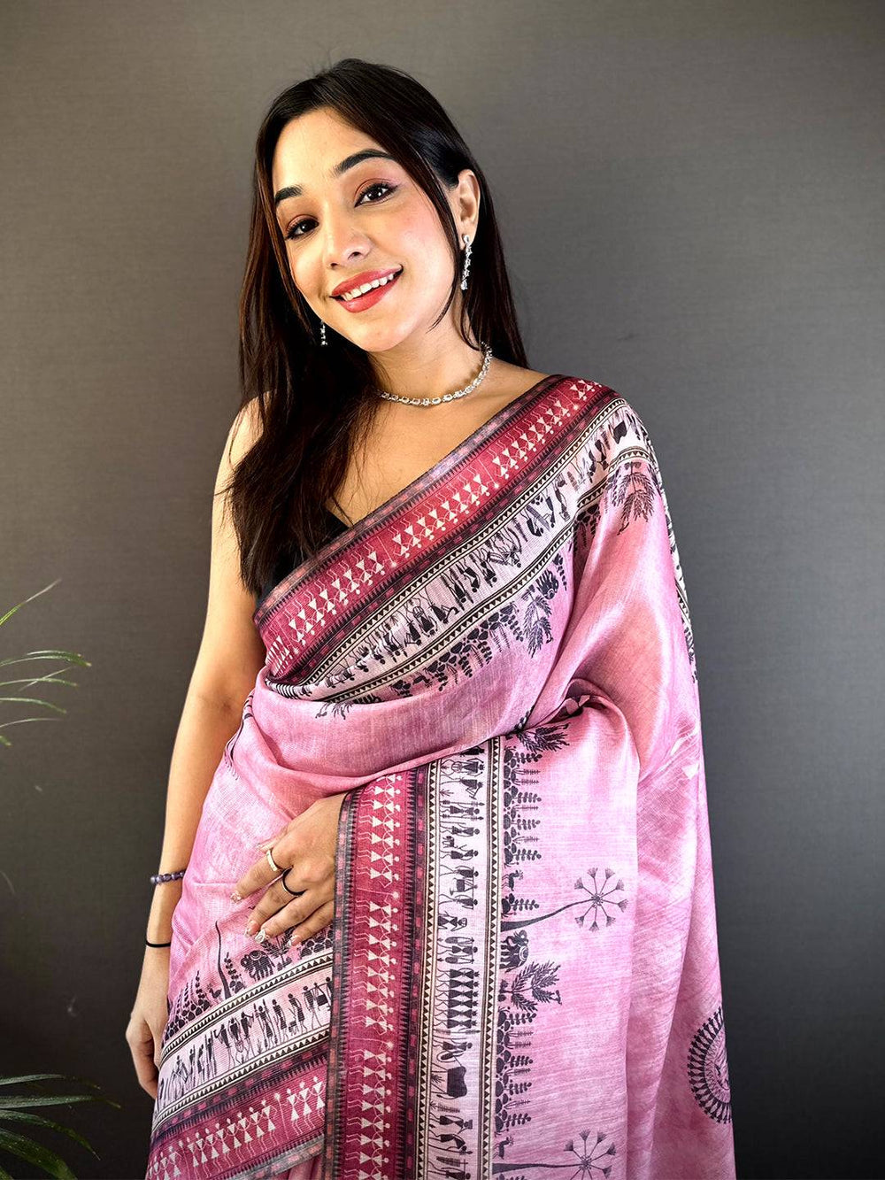 Pink Soft Silk Saree with Warli Tribal Print & Contrast Tassel Pallu
