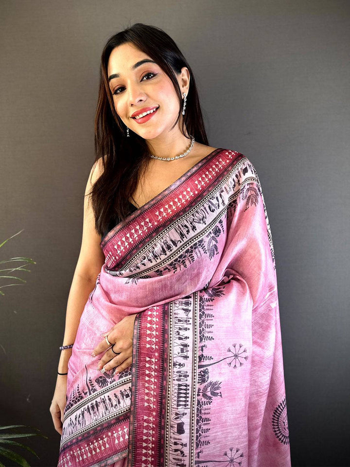 Pink Soft Silk Saree with Warli Tribal Print & Contrast Tassel Pallu