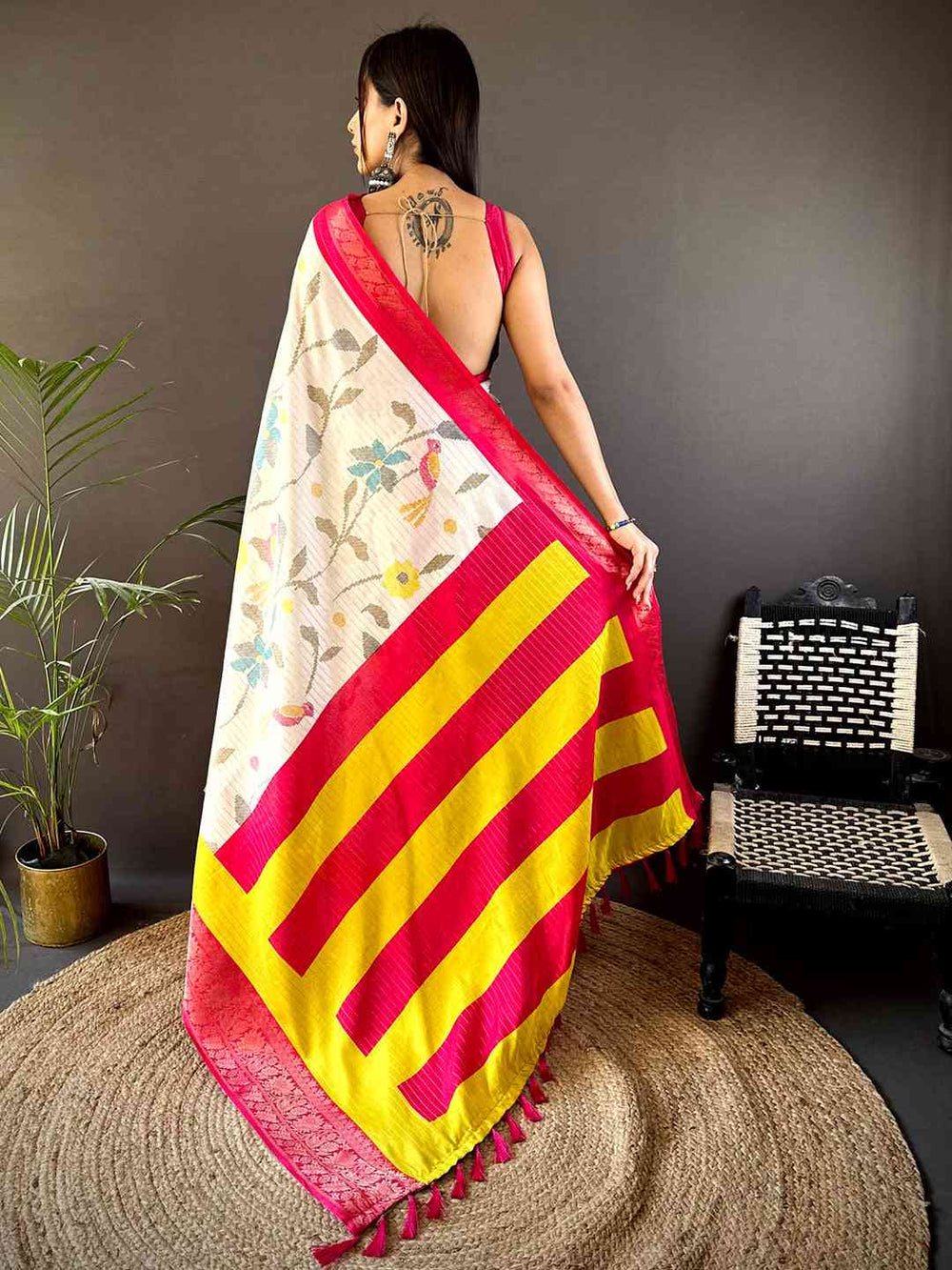 White Soft Silk Saree with Multicolor Floral Print & Yellow Red Striped Pallu