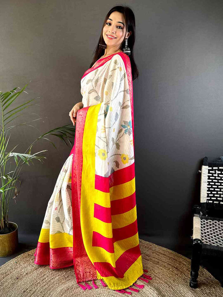 White Soft Silk Saree with Multicolor Floral Print & Yellow Red Striped Pallu