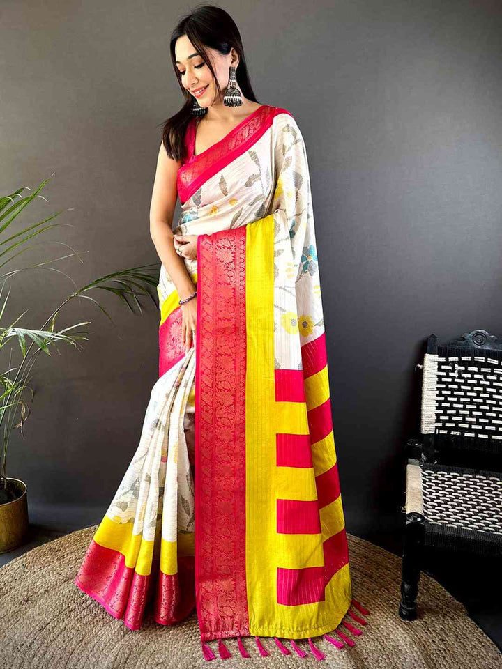 White Soft Silk Saree with Multicolor Floral Print & Yellow Red Striped Pallu