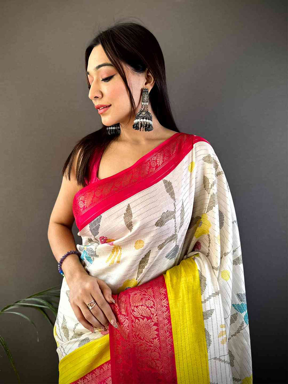 White Soft Silk Saree with Multicolor Floral Print & Yellow Red Striped Pallu