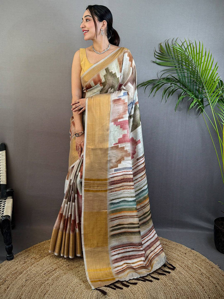 Soft Linen Silk Saree with Multicolor Ikat & Striped Pattern