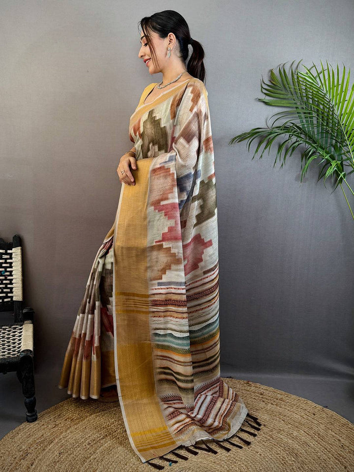 Soft Linen Silk Saree with Multicolor Ikat & Striped Pattern