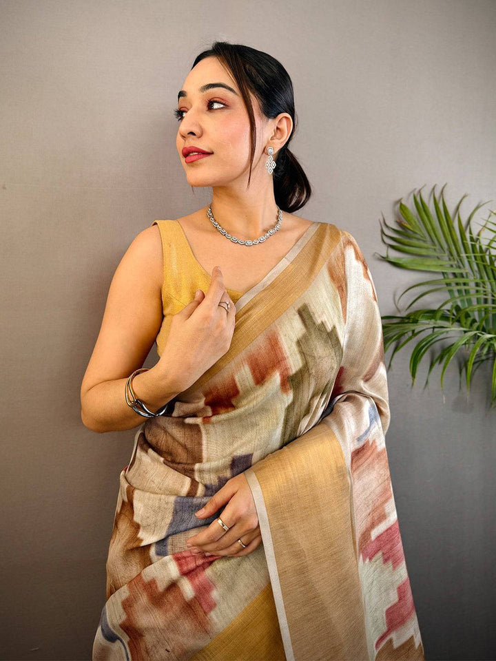 Soft Linen Silk Saree with Multicolor Ikat & Striped Pattern