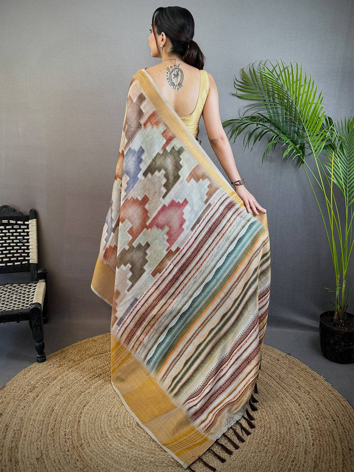 Soft Linen Silk Saree with Multicolor Ikat & Striped Pattern