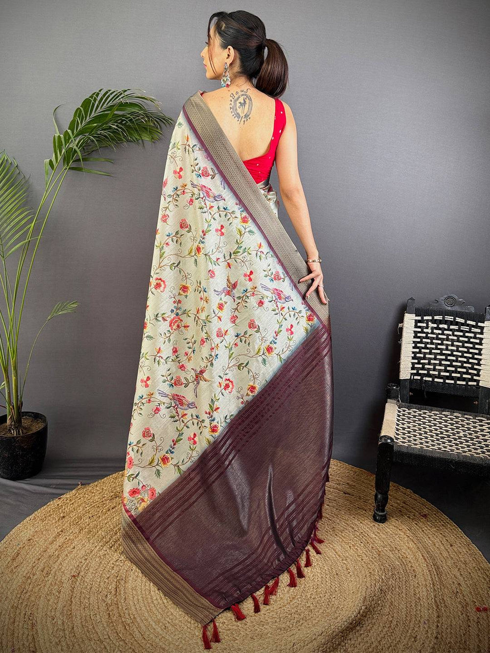 Beige Floral Soft Silk Saree with Maroon Woven Border & Tassels