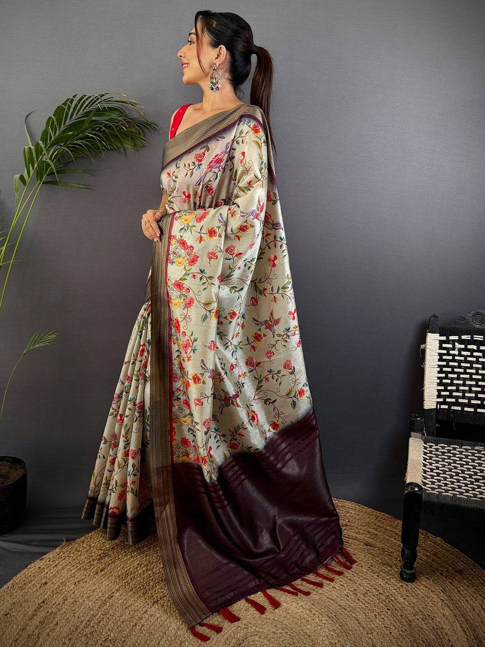 Beige Floral Soft Silk Saree with Maroon Woven Border & Tassels