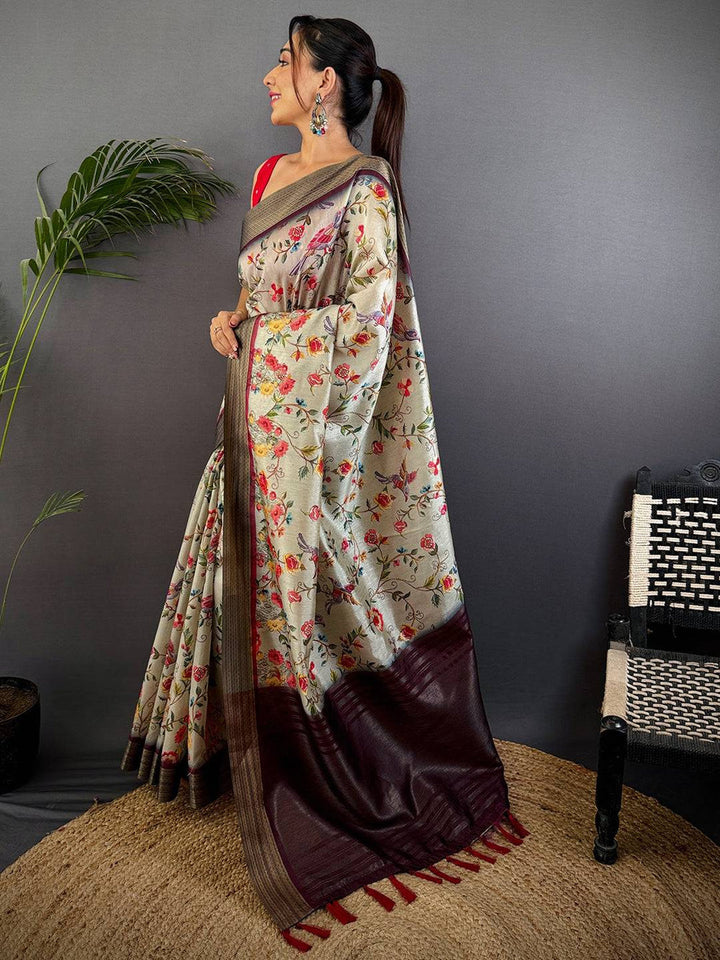 Beige Floral Soft Silk Saree with Maroon Woven Border & Tassels