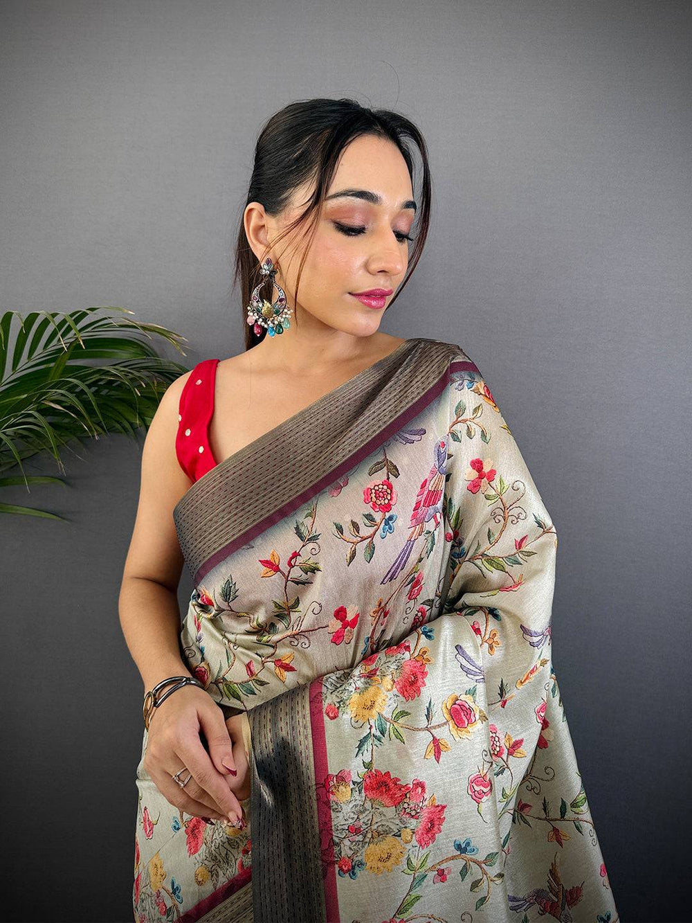 Beige Floral Soft Silk Saree with Maroon Woven Border & Tassels