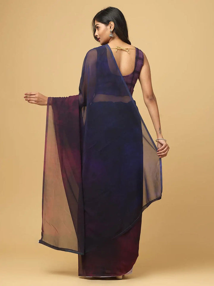 Navy Blue & Wine Ombre Organza Saree with Matching Blouse
