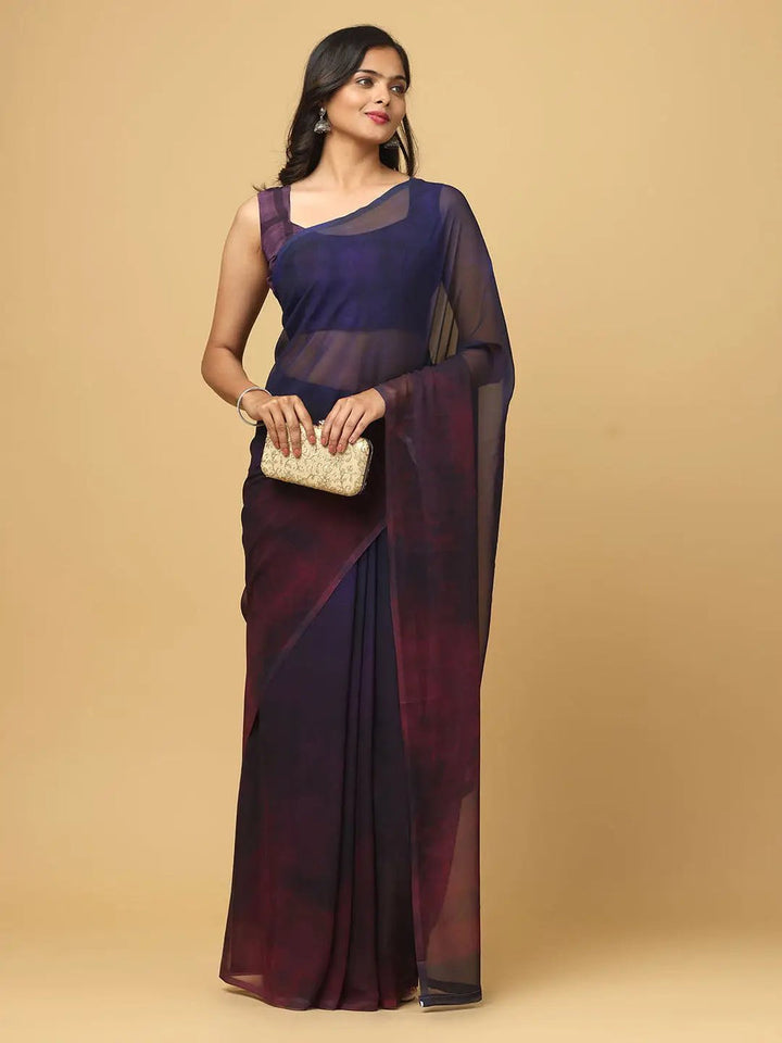 Navy Blue & Wine Ombre Organza Saree with Matching Blouse