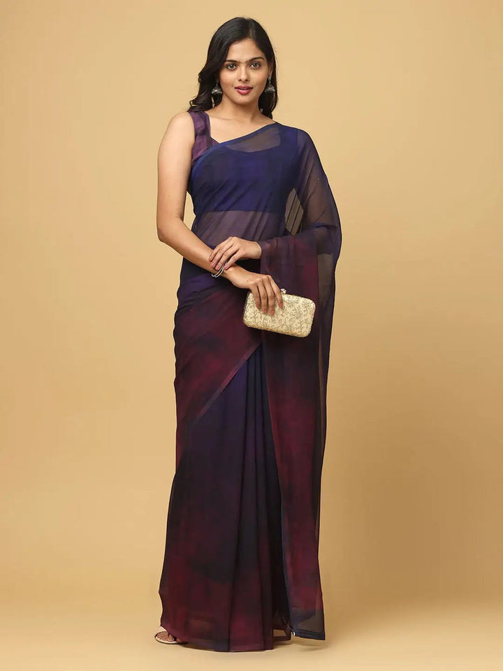 Navy Blue & Wine Ombre Organza Saree with Matching Blouse