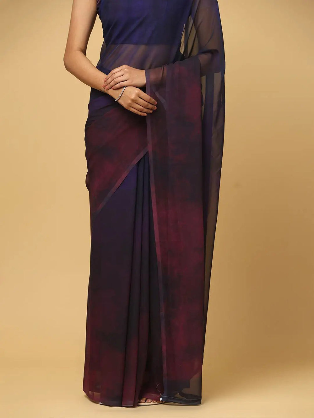 Navy Blue & Wine Ombre Organza Saree with Matching Blouse