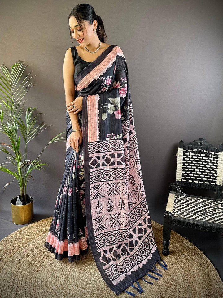 Black Linen Soft Silk Saree with Pink Floral Print & Tribal Pattern Pallu