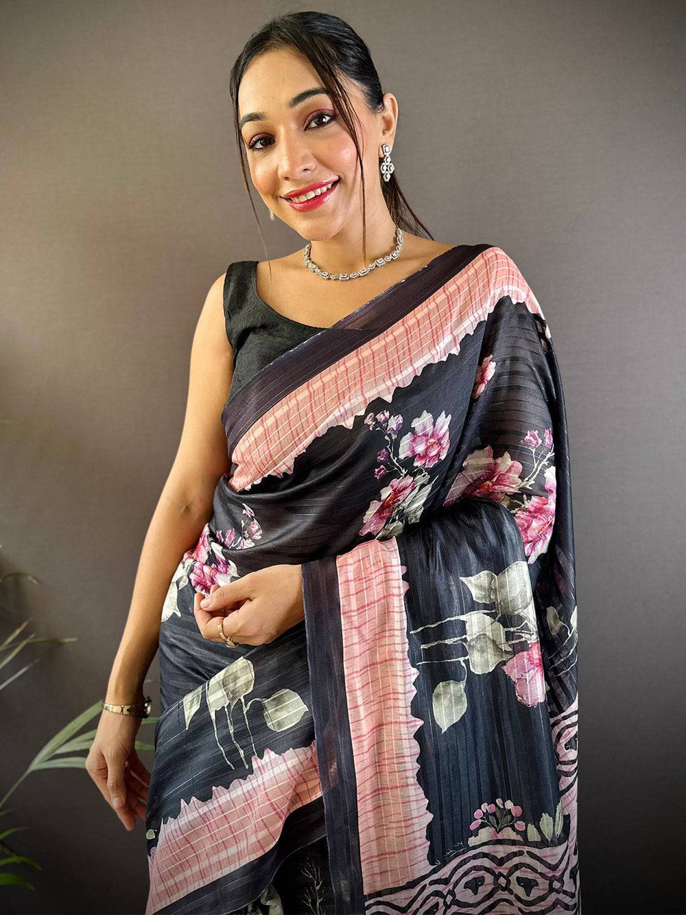 Black Linen Soft Silk Saree with Pink Floral Print & Tribal Pattern Pallu