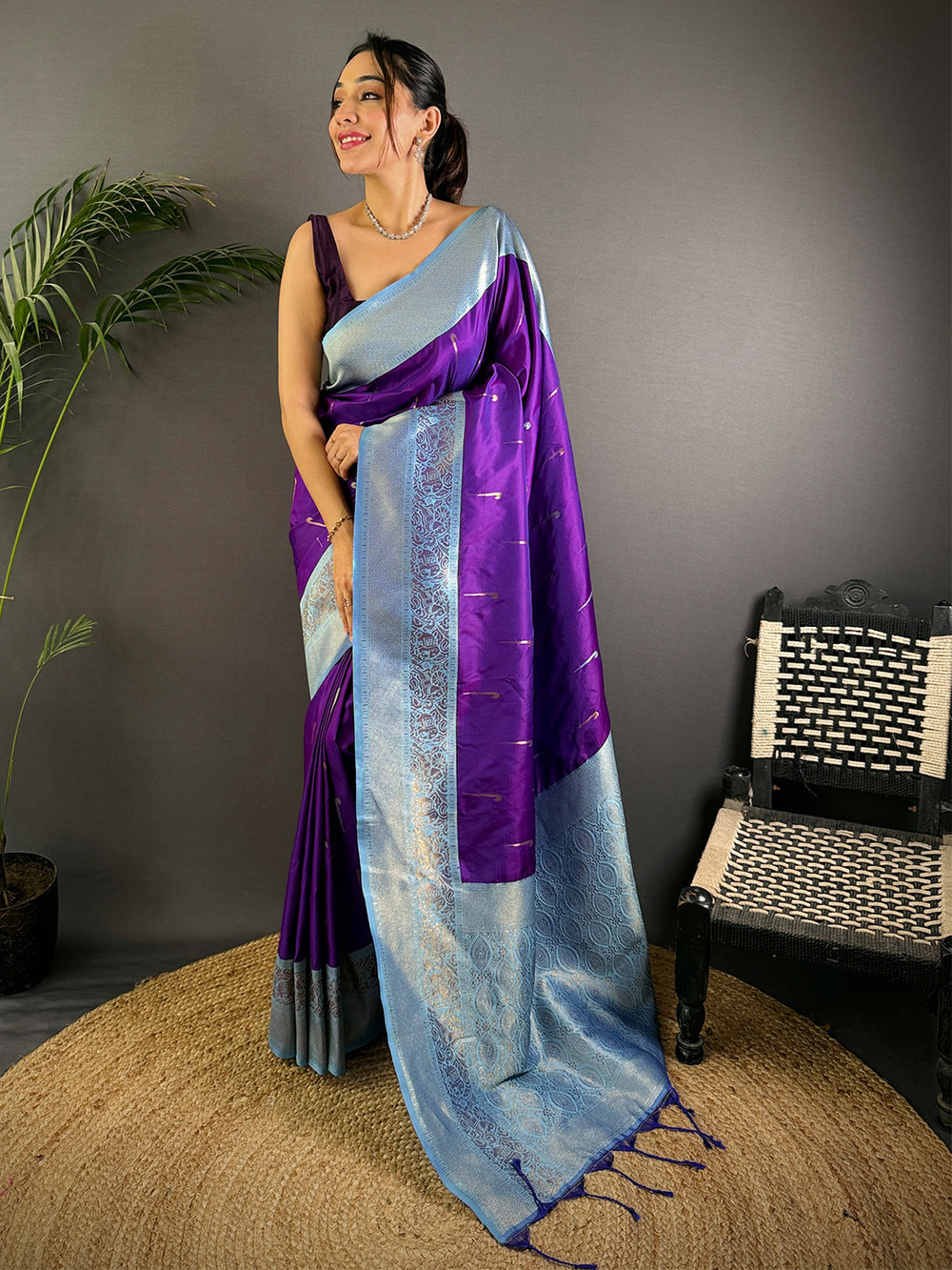 Peach & Teal Ombre Soft Silk Saree with Floral Print & Tassel Border