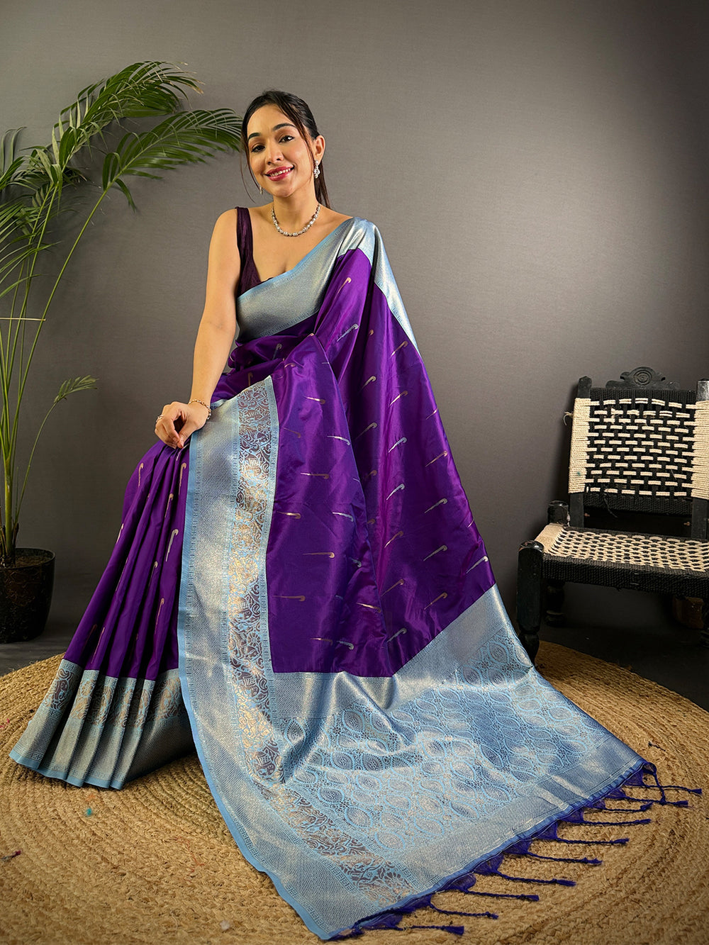 Peach & Teal Ombre Soft Silk Saree with Floral Print & Tassel Border