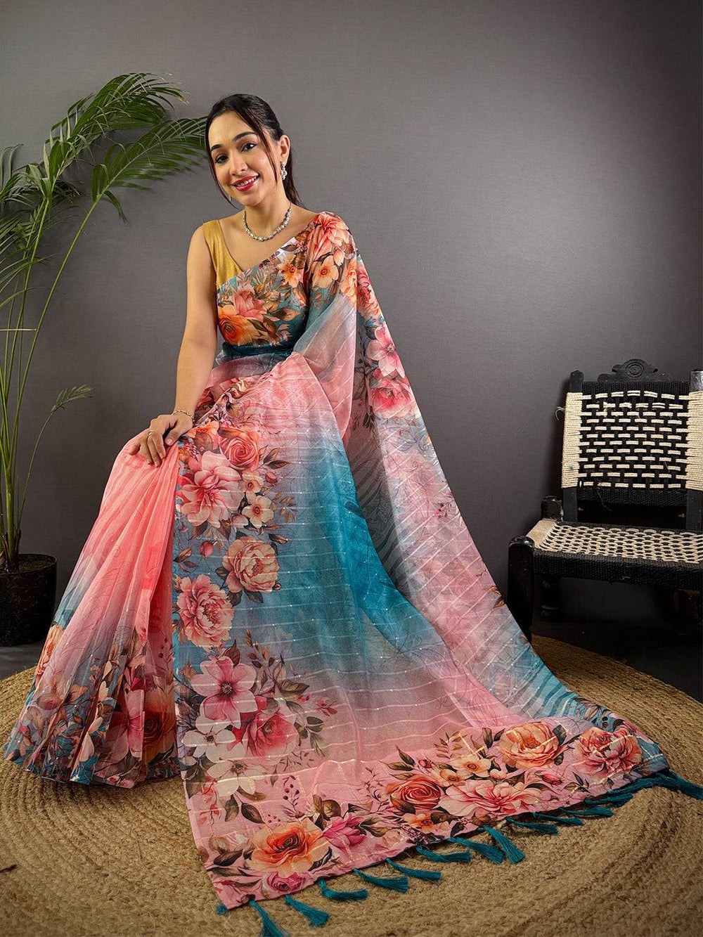 Peach & Teal Ombre Soft Silk Saree with Floral Print & Tassel Border