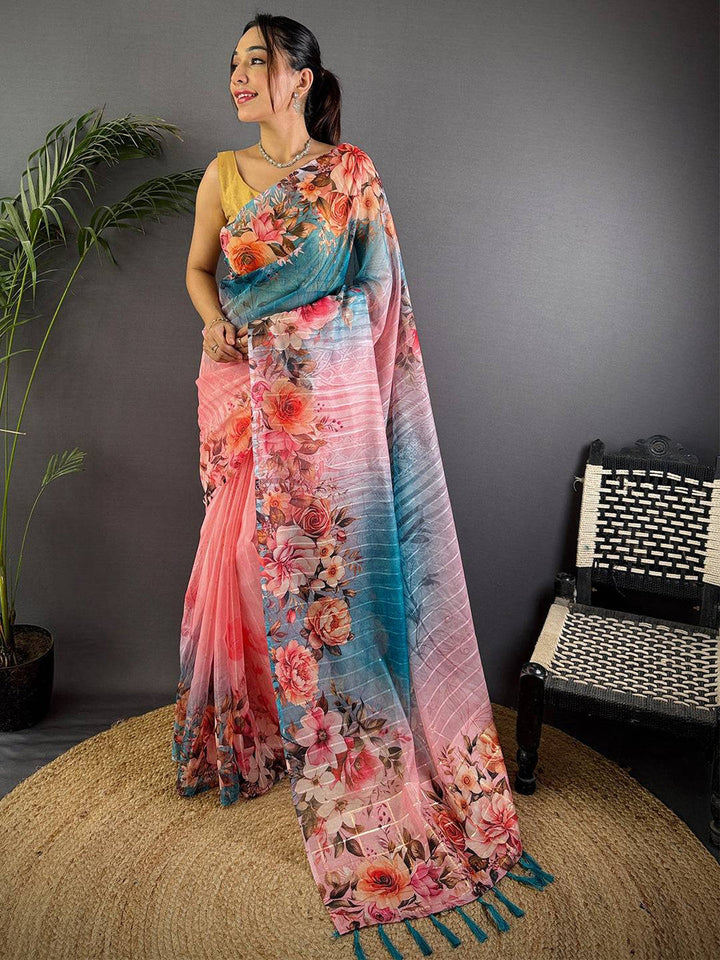 Peach & Teal Ombre Soft Silk Saree with Floral Print & Tassel Border