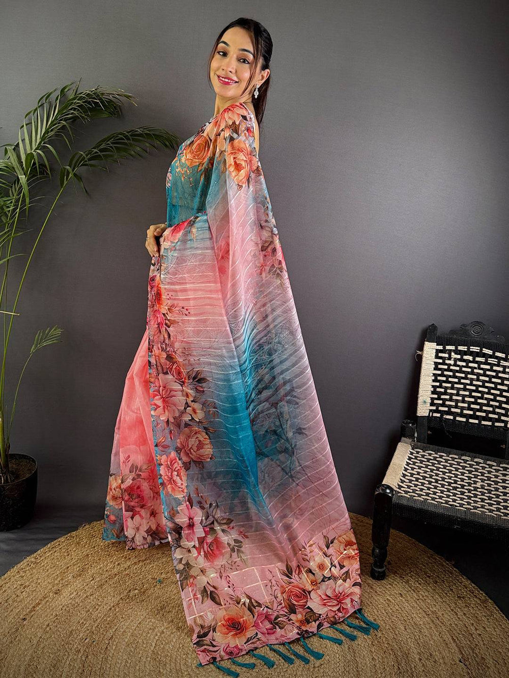 Peach & Teal Ombre Soft Silk Saree with Floral Print & Tassel Border