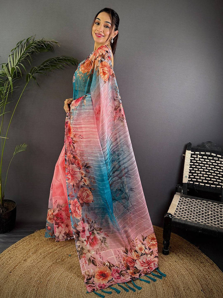 Peach & Teal Ombre Soft Silk Saree with Floral Print & Tassel Border