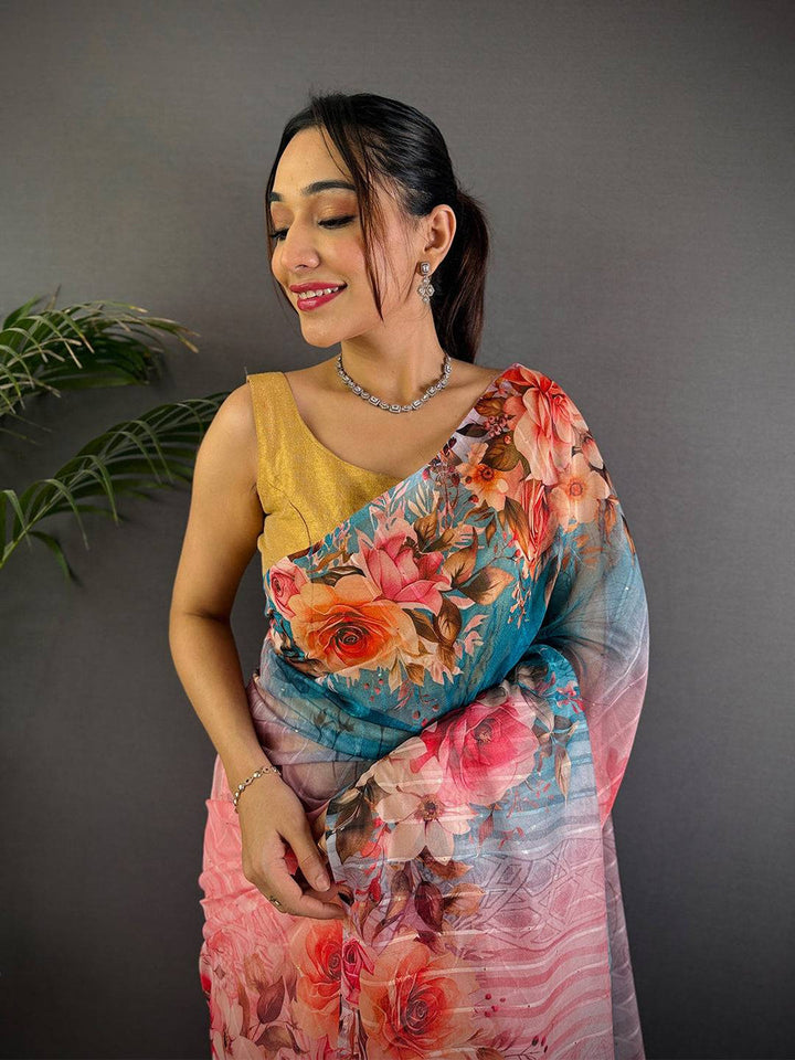 Peach & Teal Ombre Soft Silk Saree with Floral Print & Tassel Border