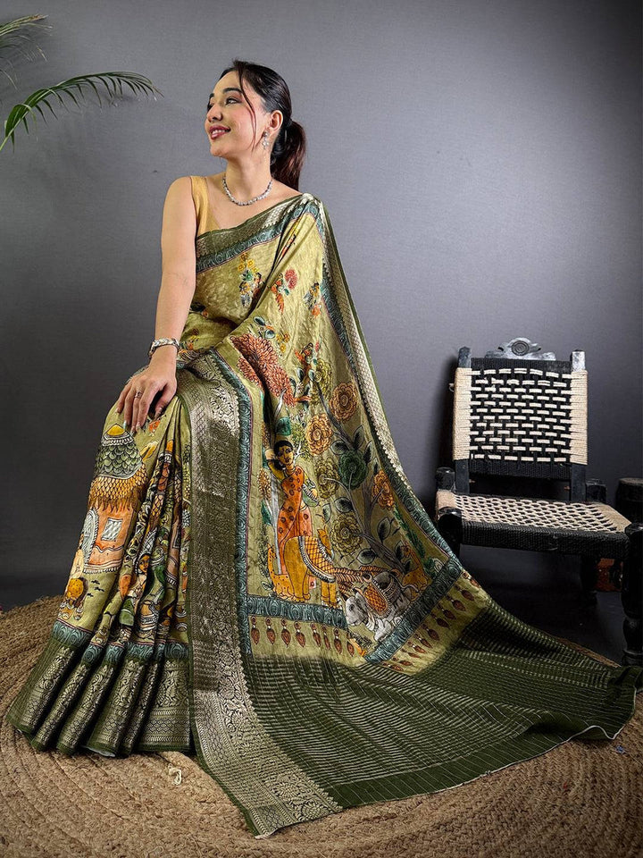 Olive Green Soft Silk Saree with Traditional Kalamkari Print & Zari Border