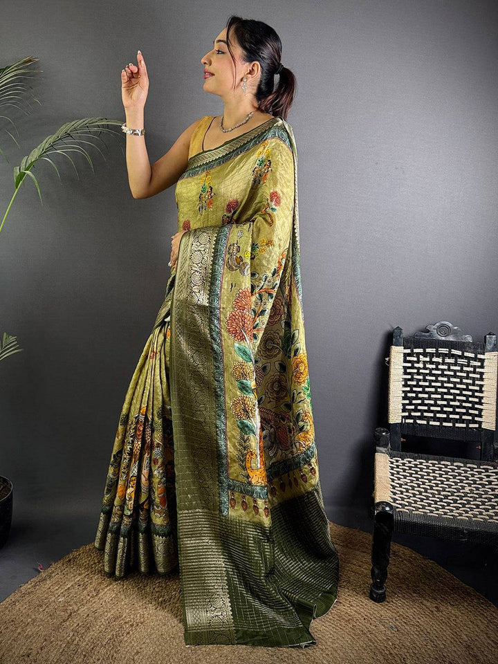 Olive Green Soft Silk Saree with Traditional Kalamkari Print & Zari Border