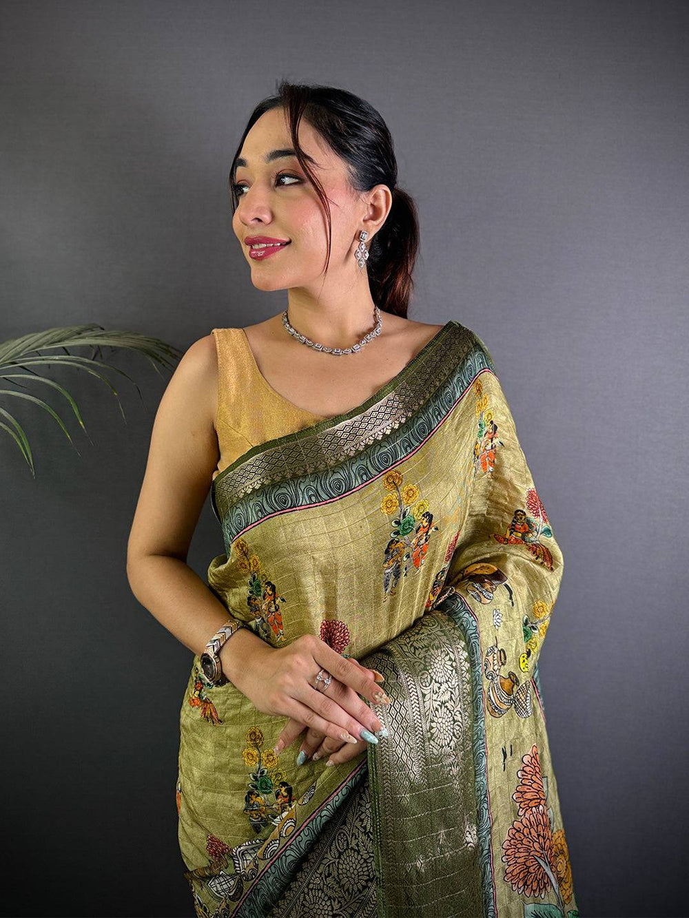 Olive Green Soft Silk Saree with Traditional Kalamkari Print & Zari Border