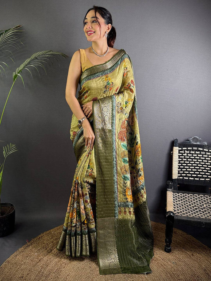 Olive Green Soft Silk Saree with Traditional Kalamkari Print & Zari Border