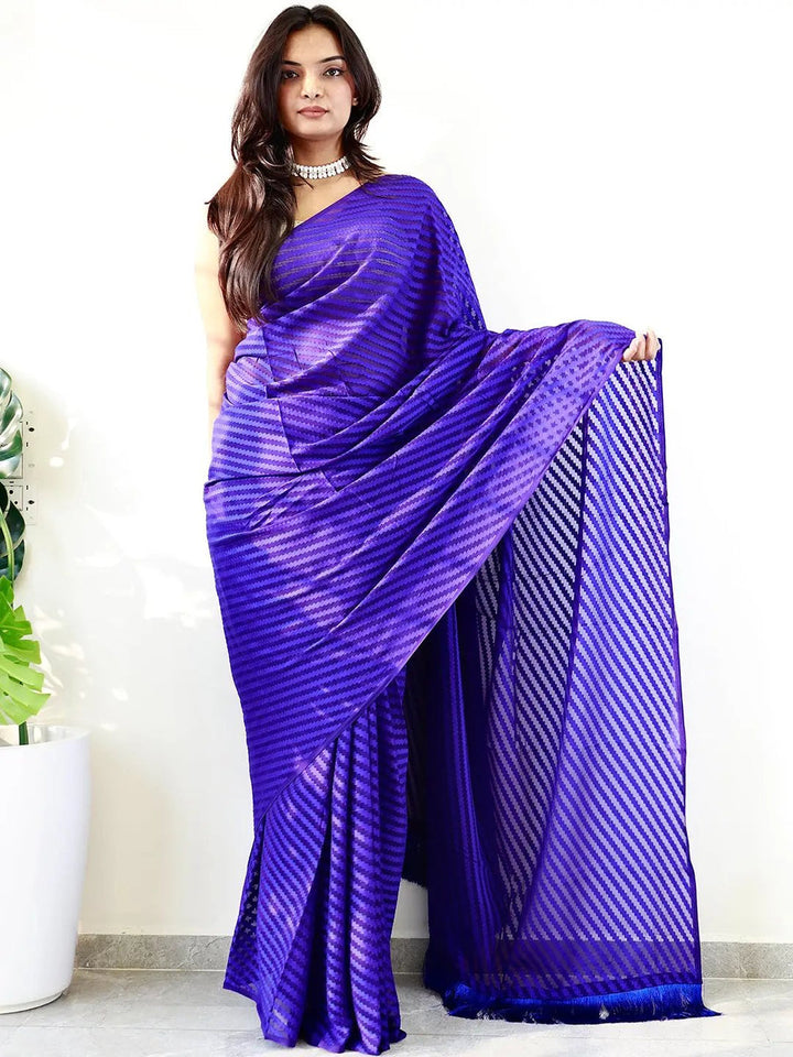Royal Blue Pleated Organza Saree with Self Stripe Texture & Feather Tassel Border