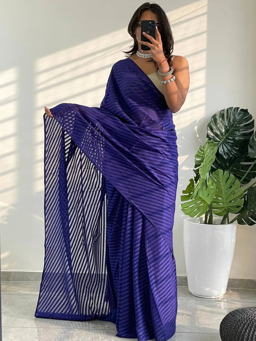Royal Blue Pleated Organza Saree with Self Stripe Texture & Feather Tassel Border