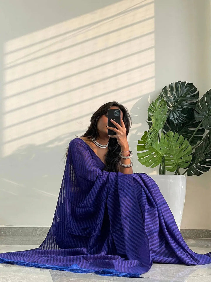 Royal Blue Pleated Organza Saree with Self Stripe Texture & Feather Tassel Border