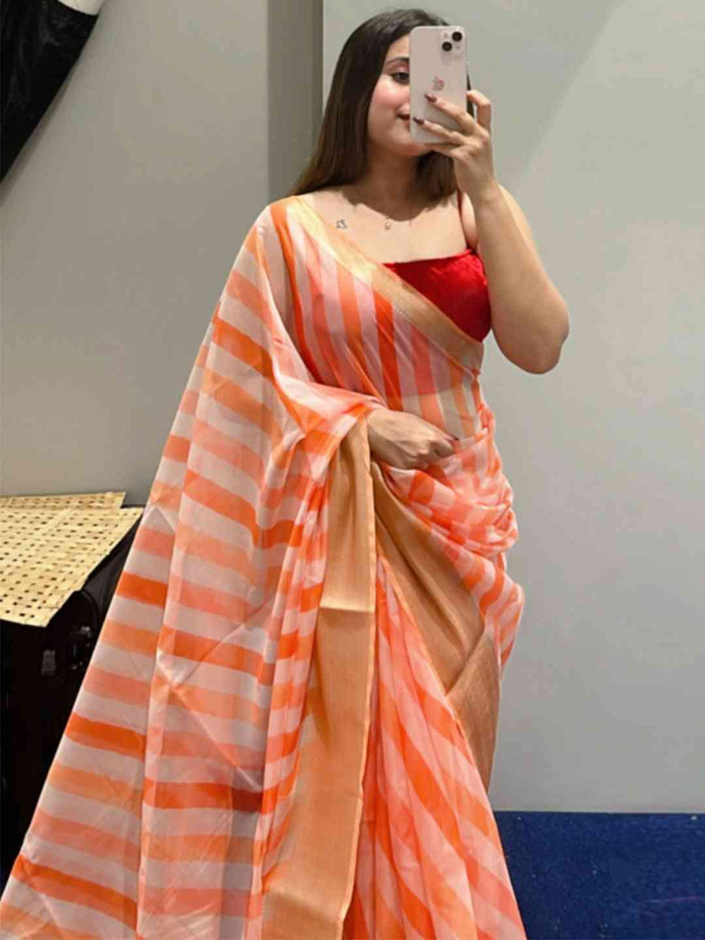 Peach & Orange Striped Soft Silk Saree with Gold Border