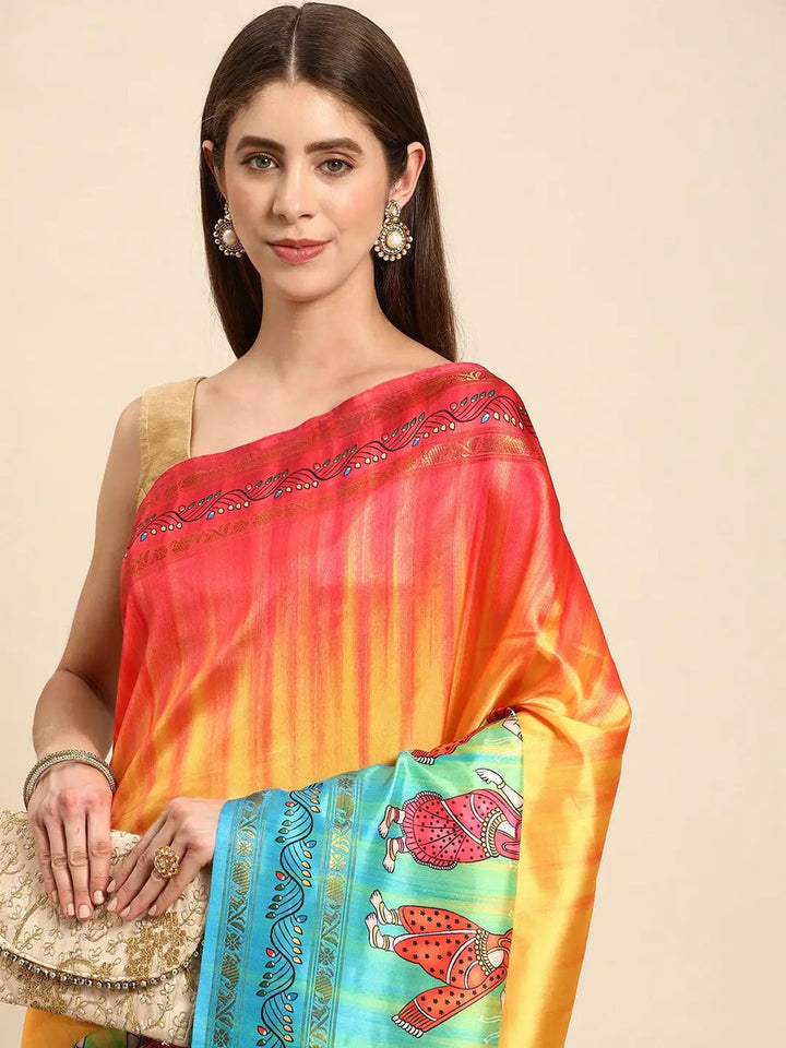 Multicolor Linen Silk Saree with Traditional Dancing Figure Print & Tassel Pallu