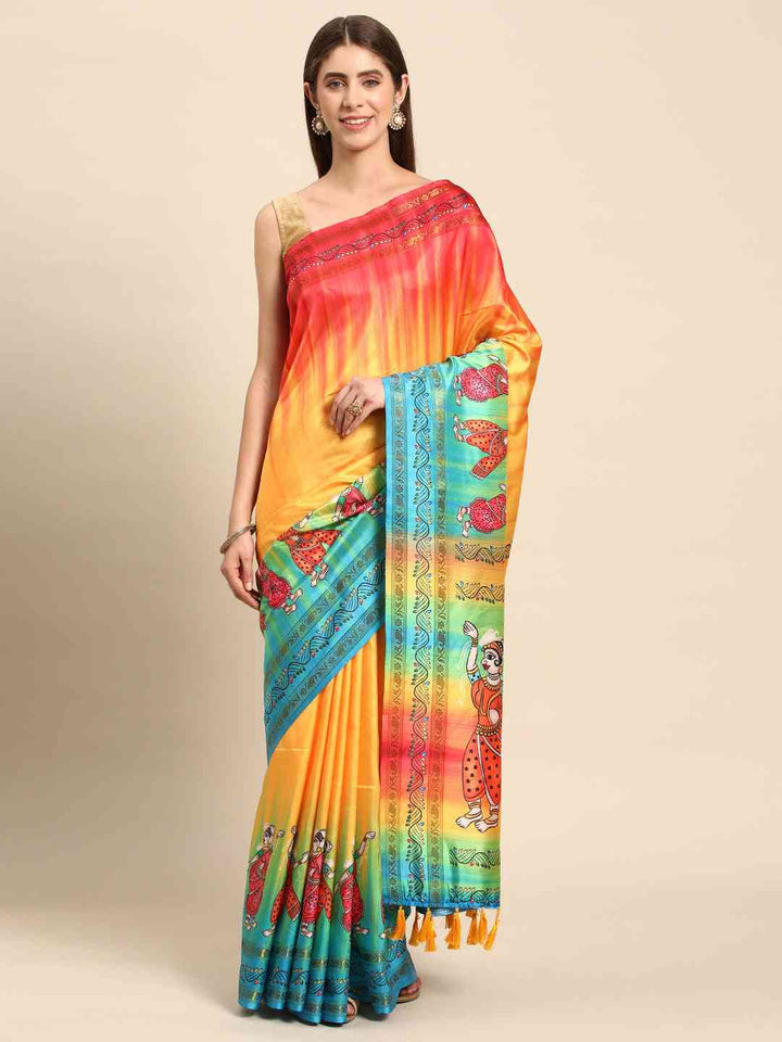 Multicolor Linen Silk Saree with Traditional Dancing Figure Print & Tassel Pallu