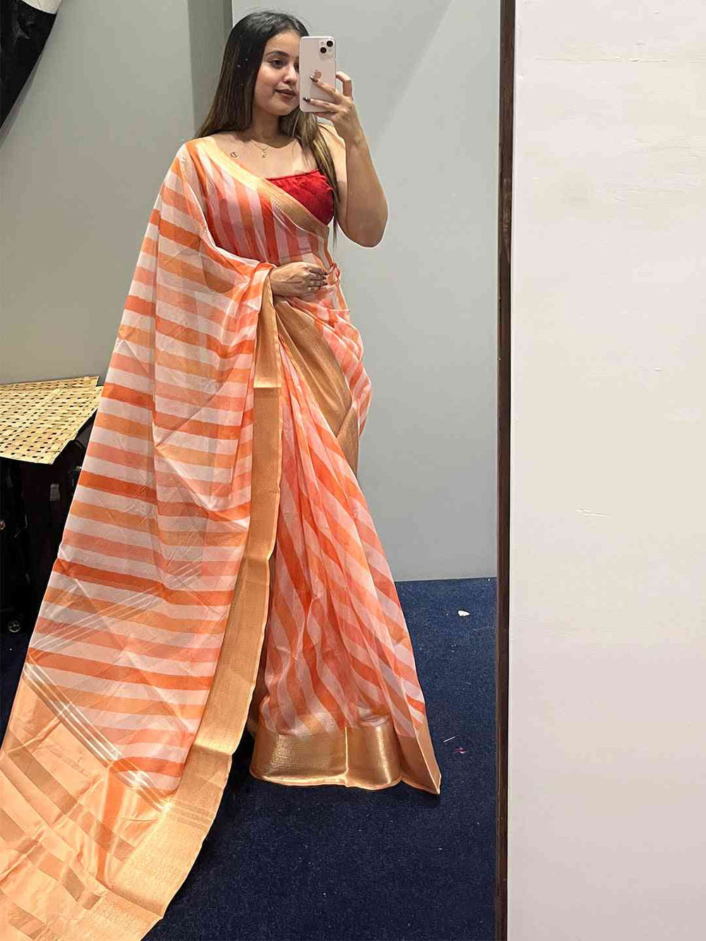 Peach & Orange Striped Soft Silk Saree with Gold Border