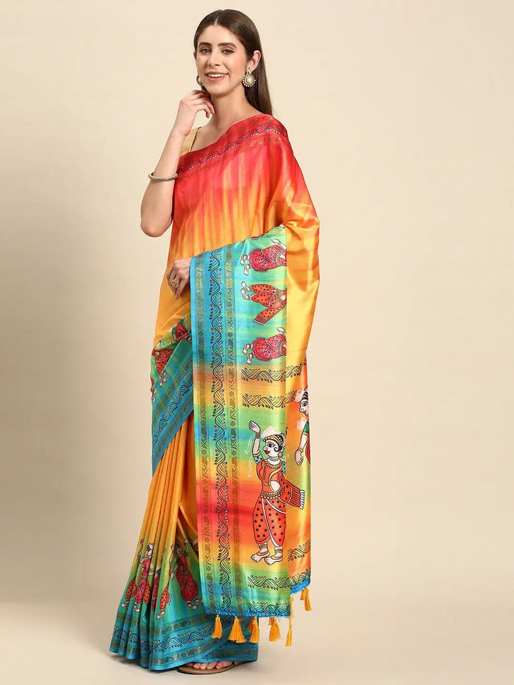 Multicolor Linen Silk Saree with Traditional Dancing Figure Print & Tassel Pallu