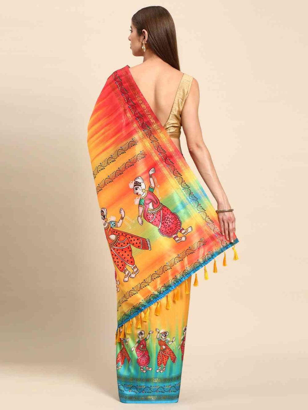 Multicolor Linen Silk Saree with Traditional Dancing Figure Print & Tassel Pallu