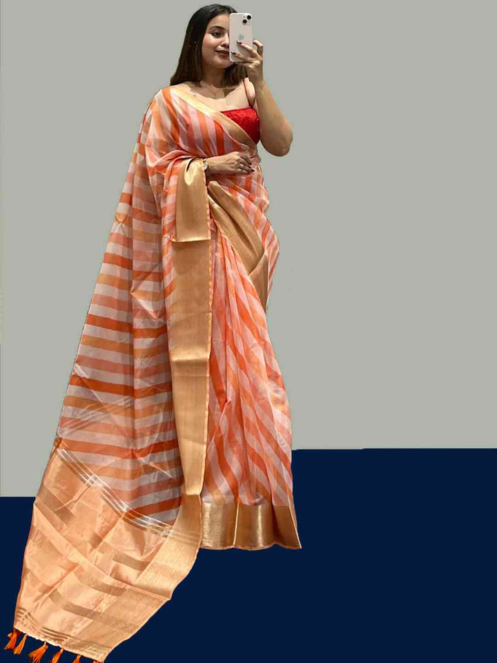 Peach & Orange Striped Soft Silk Saree with Gold Border