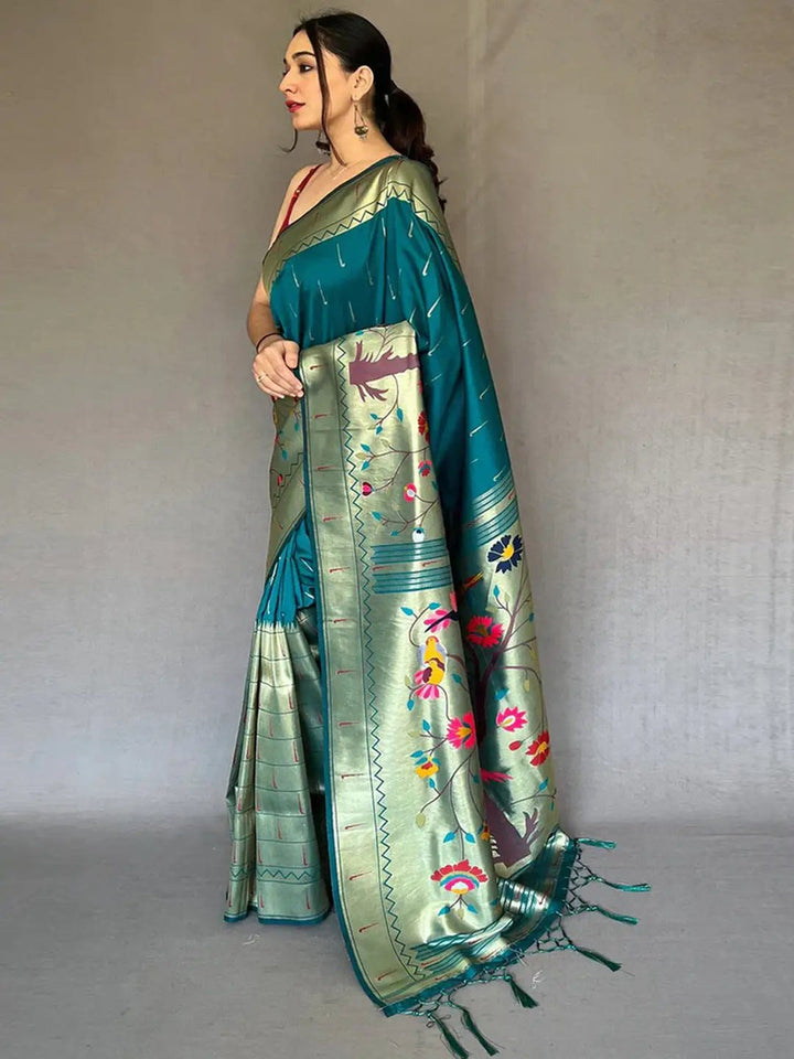 Teal Green Soft Silk Saree with Multicolor Floral Peacock Pallu & Elegant Woven Border